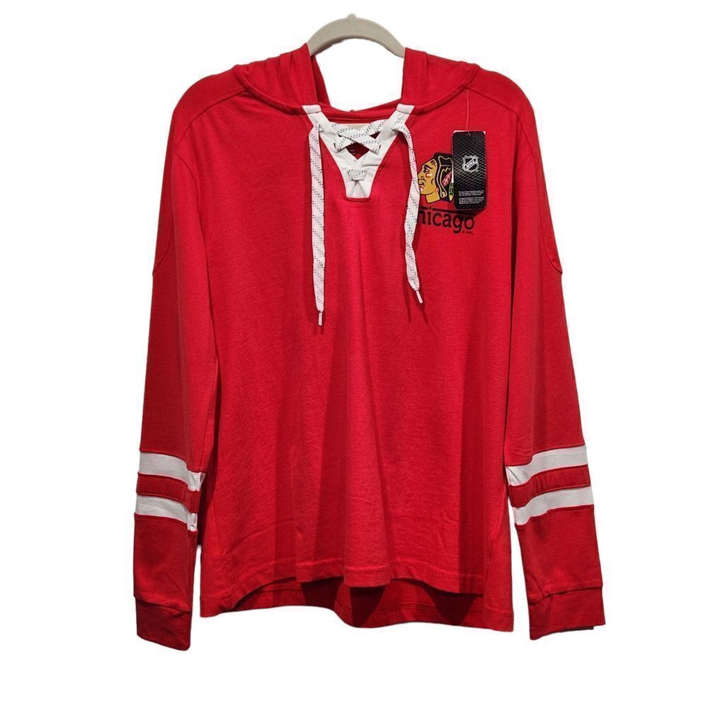 New! Chicago Blackhawks NHL Red Knit Lace Up Long Sleeve Hooded Jersey, L